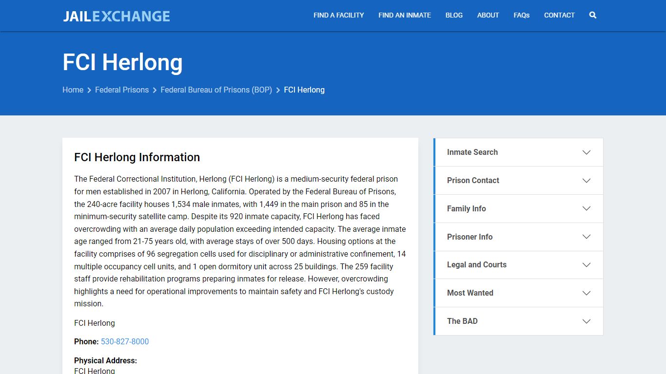 Federal Inmate Search - FCI Herlong - Jail Exchange